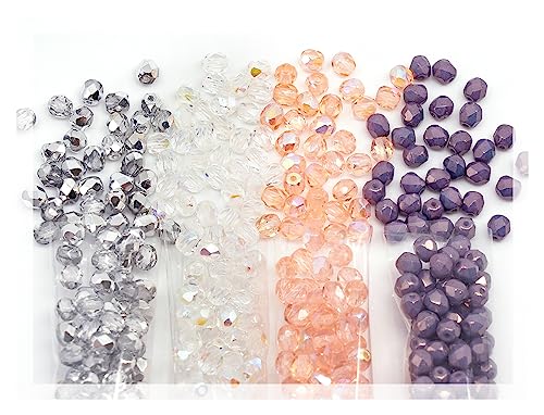Facettierte feuerpolierte Glasperlen für die Schmuckherstellung, Set – über 480 Perlen-Set mit 4-mm-Armbandperlen in 4 verschiedenen Farben: Pink AB, Purple Luster, Crystal AB, Halbsilber von Bohemia Crystal Valley