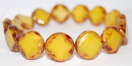Table Cut Flat Round Beads With Rhomb, Silky Yellow Travertin (84040-86800), Glass, Czech Republic (16 x 16 mm) von Bohemia Crystal Valley