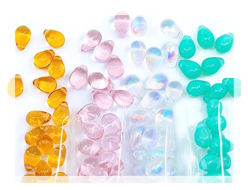 Tropfenförmige Glasperlen für die Schmuckherstellung, Set mit mehr als 110 Perlen, bestehend aus 6 x 9 mm Anhänger-Tropfenperlen in 4 sanften, klaren Farben: Rosa, Opal-Türkis, Bernstein, Kristall-AB von Bohemia Crystal Valley
