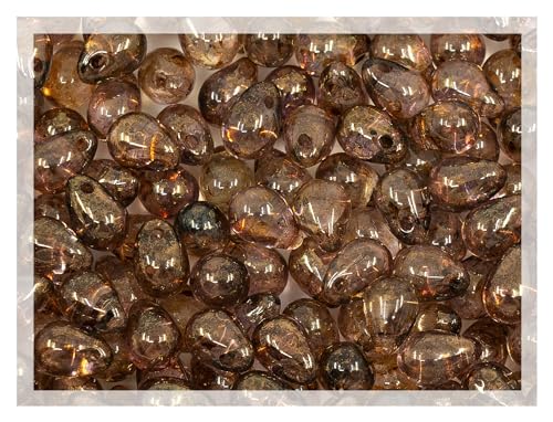 Tschechische 100-teilige Glasperlen, klein 4x6mm, Tropfenkristall, transparent, braungoldener Glanz von Bohemia Crystal Valley