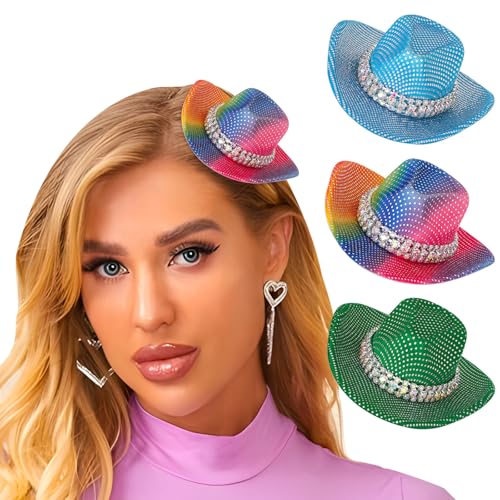 Bohend Mini Western Cowboyhüte Glitzer Strass Cowgirlhut Haarspangen Discoparty Puppenhausdeko Cosplay Kostümzubehör 3-tlg (Rhinestone 01) von Bohend