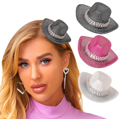 Bohend Mini Western Cowboyhüte Glitzer Strass Cowgirlhut Haarspangen Discoparty Puppenhausdeko Cosplay Kostümzubehör 3-tlg (Rhinestone 02) von Bohend
