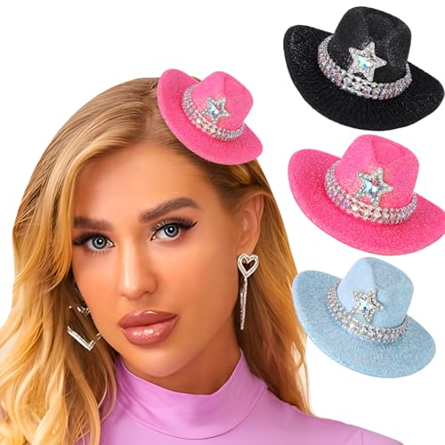 Bohend Mini Western Cowboyhüte Glitzer Strass Cowgirlhut Haarspangen Discoparty Puppenhausdeko Cosplay Kostümzubehör 3-tlg (Rhinestone 03) von Bohend