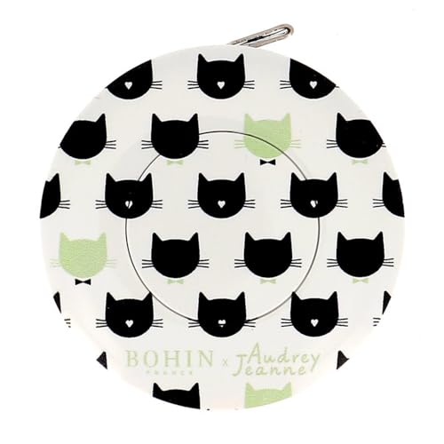 Bohin BO99039 Automatisches Cat Themed-Beidseitiges Maßband mit Zentimeter-und Inch-Anzeige, für Näh-und Messprojekte, Plastic, Weiß von Bohin