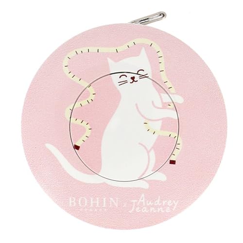 Bohin BO99040 Automatisches Cat Themed-Beidseitiges Maßband mit Zentimeter-und Inch-Anzeige, für Näh-und Messprojekte, Plastic, Rosa von Bohin