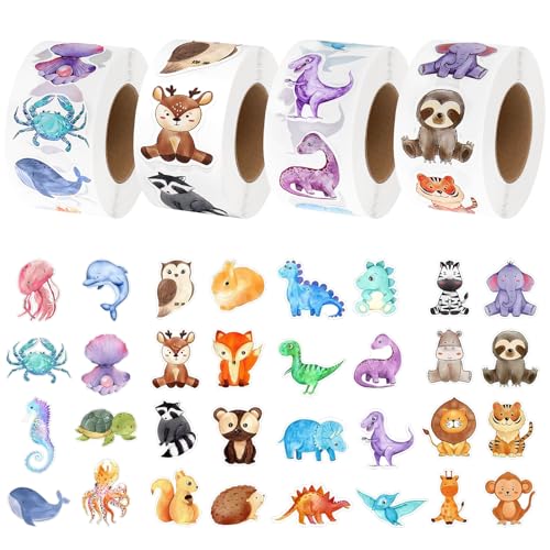 2000 Stk Motivationsaufkleber für Kinder Tier Belohnungsaufkleber Tier Aufkleber 32 Muster Animal Sticker Rolle Runde Animal Kinder, Cartoon Aufkleber Tiermuster Sticker für Mädchen Junge von Bohrma