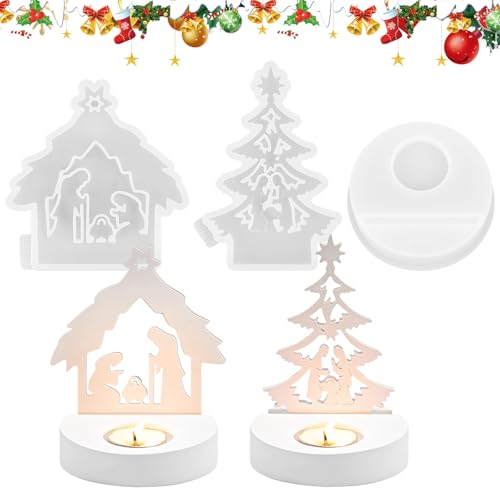 3Pcs Weihnachts Silikonformen Gießformen Silikonform Kerzenhalter, Krippe Silikon Gießform, Silikonformen Gießformen Krippe Set Giessformen zum Gießen Silikonform Krippe Weihnachtsbaum mit Sockel von Bohrma