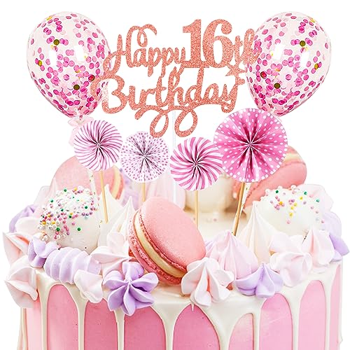 Bohrma Happy 16th Birthday Tortendeko Mädchen, 7 Stück Glitzer Cake Topper 16. Geburtstag mit Konfetti Luftballon für Geburtstagsfeier Thema Jubiläum (Roségold) von Bohrma