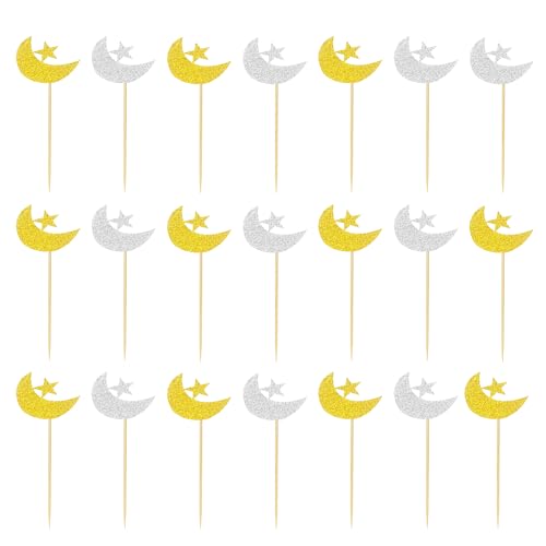 Bohue Eid Mubarak Cupcake-Topper, Glitzer, Mond und Stern, Ramadan, Kareem, Party-Dekorationen, islamische muslimische Party-Dekorationen, Partyzubehör, 21 Stück von Bohue