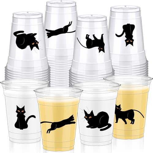 Bokon Halloween-Plastikbecher, Einweg-Cocktailgläser, Happy Halloween, niedliche Einwegbecher für Kaffee, Saft, heiße und kalte Getränke, Partyzubehör (Schwarz, Katze), 100 Stück von Bokon