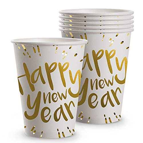 Boland 13463 - Becher Happy New Year, 6 Stück, Größe 8,8 x 7 cm, Fassungsvermögen 250 ml, Einwegbecher, Pappbecher, Silvester, Party, Getränke von Boland