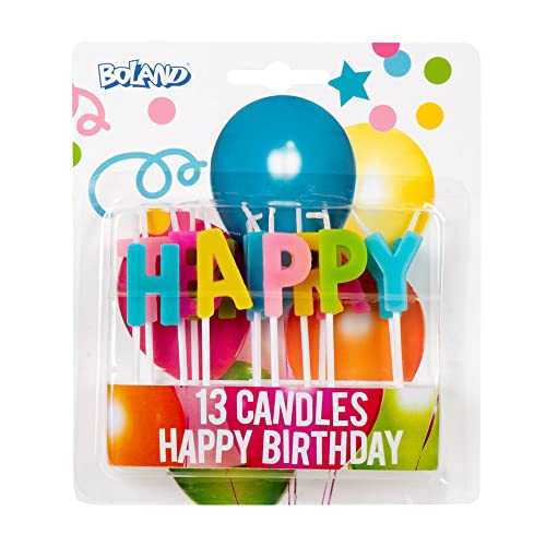 Boland 31071 - Kerzen Happy Birthday, 13 Stück, Geburtstagskerzen, Minikerzen, Tortenkerze, Stecker, Spieß, Mehrfarbig, Kuchen, Geburtstag, Kindergarten, Dekoration, Geschenk, Gartenparty von Boland