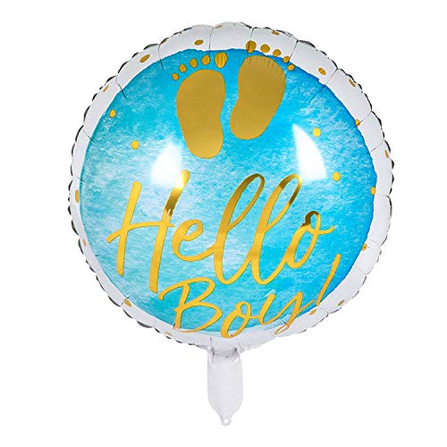 Boland 53241 - Folienballon Hello Boy, Durchmesser 45 cm, befüllbar, Heliumballon, Baby-Party, Geburt, Junge, Geschenk, Dekoration von Boland