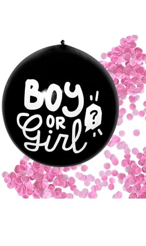 Boland 53256 - Konfetti-Ballon aus Latex, Boy oder Girl, Durchmesser bis 60 cm, schwarz-weiß, gefüllt mit Konfetti in Pink und Rosa, Luftballon, Dekoration, Baby-Party von Boland