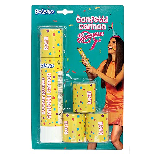 Boland 75102 - Konfettikanone Bunt im Set mit 3 Nachfüller, 21 cm, aus Papier, Party Popper, Geburtstag, Karneval, Mottoparty, EM, WM, Fanartikel von Boland