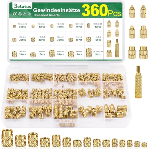 360 Stk Gewindeeinsatz M2 M2.5 M3 M4 M5 M6, Bolatus Einschmelzmuttern Messing mit Lötkolben Einschmelzhilfe, Gerändelt Einschmelzgewinde für Kunststoffteile, Gewindeeinsätze für 3D-Drucker Teile 360 Stk Gewindeeinsatz M2 M2.5 M3 M4 M5 M6, Bolatus Einschmelzmuttern Messing mit Lötkolben Einschmelzhilfe, Gerändelt Einschmelzgewinde für Kunststoffteile, Gewindeeinsätze für 3D-Drucker Teile von Bolatus
