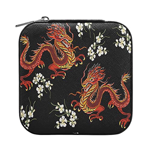 Kleine Schmuckschatulle aus Leder, Reise-Schmuckkästchen, Aufbewahrungsbox, chinesische Drachen für Ringe, Ohrringe, Halsketten von Bolaz