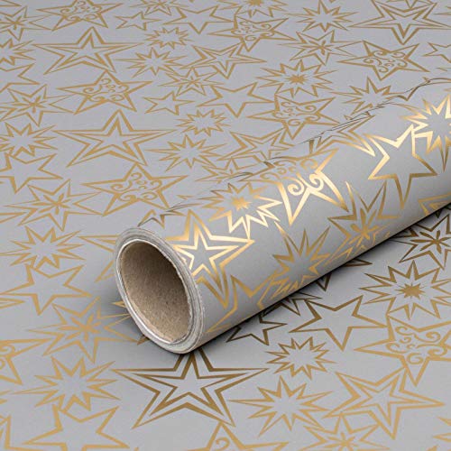 Geschenkpapier, Grau und goldene Sterne, Weihnachtspapier, 0,70 x 10 m von Bolis