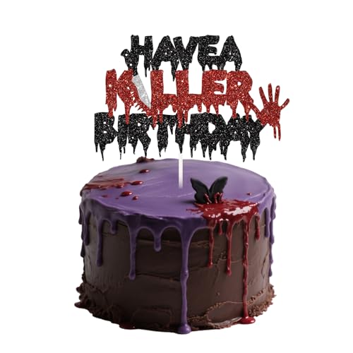 Geburtstagskuchenaufsatz mit Aufschrift "Have a Killer", doppelseitig, schwarz-rot, glitzernd, Halloween-Geburtstagskuchendekorationen für Horror-Filme, Party-Dekoration, Gothic-Bday-Dekorationen von Boliyoooki