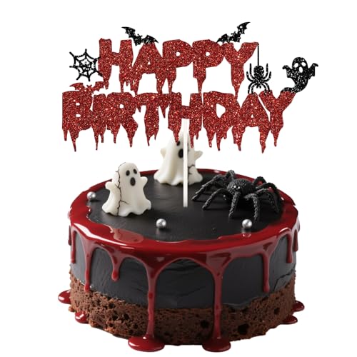 Halloween-Kuchenaufsatz, doppelseitig, schwarz-rot, glitzernd, Geist, Spinne, Fledermaus, Geburtstag, Kuchendekoration für Halloween, Geburtstag, Gothic-Bday-Dekorationen, gruseliger Horror von Boliyoooki