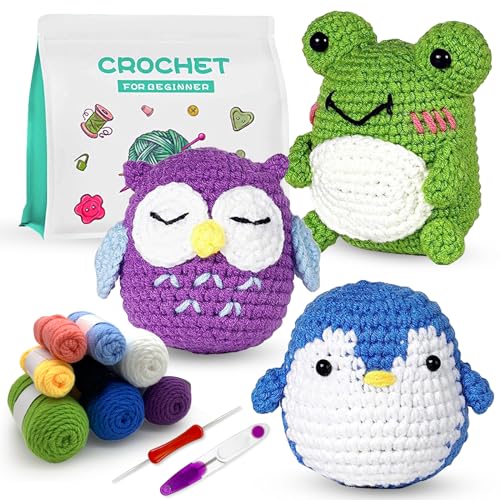 BoloShine Häkelset für Anfänger mit Tutorial-Video und Anleitung, Stricken Amigurumi Set mit Wolle und Häkelnadel, Crochet Kit DIY Schlüsselanhänger Bastelset 3 Tiere Frosch, Eule, Pinguin von BoloShine