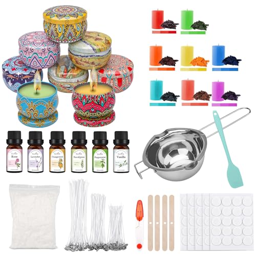 Bolosa® Kerzen Selber Machen Set, Candle Making Kit, Kerzen Gießen Set, Kerzenherstellung Kit mit 6 ätherisches Öl, 500g Wachs, 8 Dosen, Kerzendochte, Dochthalter, Dochte Aufkleber und Rührlöffel von Bolosa