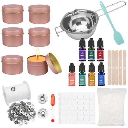 Bolosa® Kerzen Selber Machen Set, Candle Making Kit, Kerzenherstellung Kit mit 7 Kerzenwachs Farbe, 61m Kerzendocht, 500g Wachs, 6 Dosen, Wachsschmelztopf, Dochte Aufkleber und Rührlöffel von Bolosa