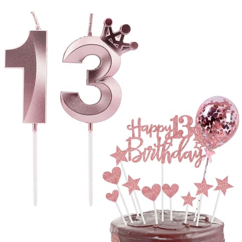 Bolosa 13. Geburtstag Junge Mädchen, Geburtstagskerzen Zahlen 13/31, Kerzen 13. Geburtstag mit Happy Birthday Cake Topper, 13 Geburtstag Jungen(Roségold, 13) von Bolosa