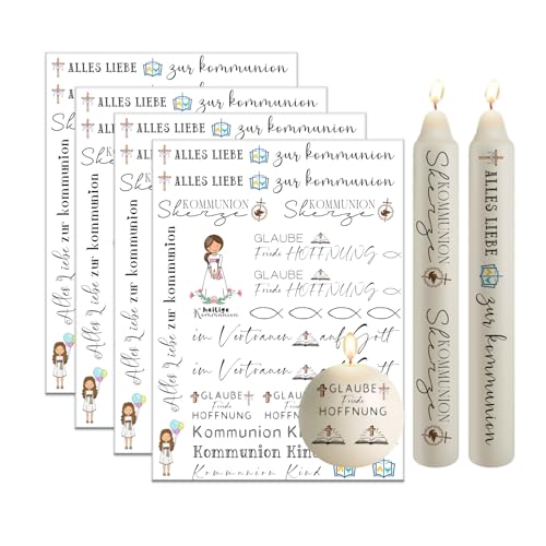 Bolosa 4 Stück Kerzentattoos für Kommunion - Rub on Sticker, Kerzenaufkleber, Wasserschiebefolie, Tattoo Folie - 19x14cm Kerzentattoo, Geschenke (Kommunion E) von Bolosa