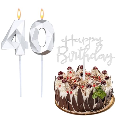 Bolosa 40. Geburtstag Kerze für Frau und Mann - Geburtstagskerze mit Happy Birthday Steckkarte, Zahlen Kerzen für Geburtstagsparty (Silber) von Bolosa