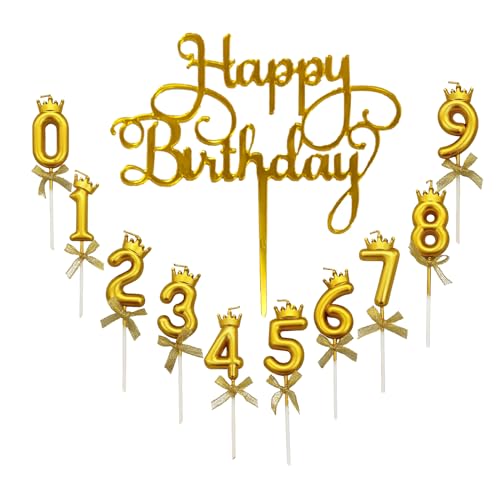 Bolosa Geburtstag Kerzen,Geburtstagskerzen Zahlen 0-9 und Happy Birthday Cupcake Toppers,Gold Krone,Zahlen Kerzen,Kerze Geburtstag,Zahlenkerzen,Kerzen Zahlen,Geburtstagskerze,für Geburtstag Party von Bolosa