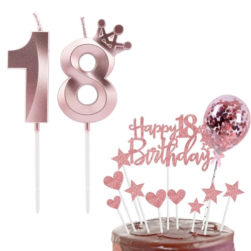 Bolosa Geburtstagskerzen Zahlen 18, Tortendeko Mädchen 18. Geburtstag, Torten Deko 18. Geburtstag Mädchen, Kerzen Geburtstag für Mädchen Junge 18 Geburtstag Party Dekoration (Roségold, 18) von Bolosa