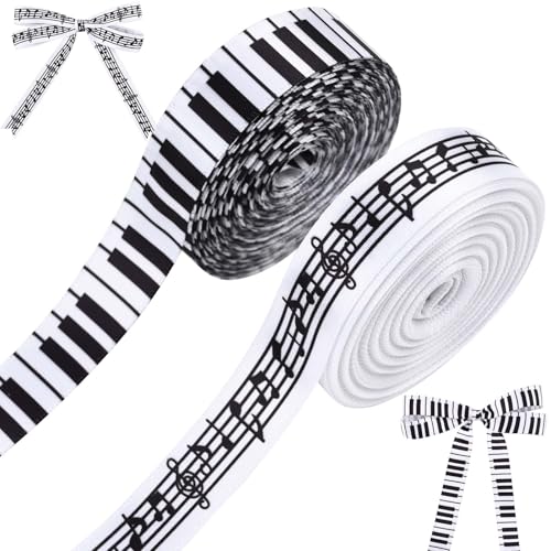 2 Rollen 20 Yards Musik-Satinband, 1,6 cm Klaviertasten, Musiknoten, Bastelband, schwarz und weiß, Stoffband für Geschenkverpackung, Party, Dekoration, Nähen, Handwerk von Bolsome