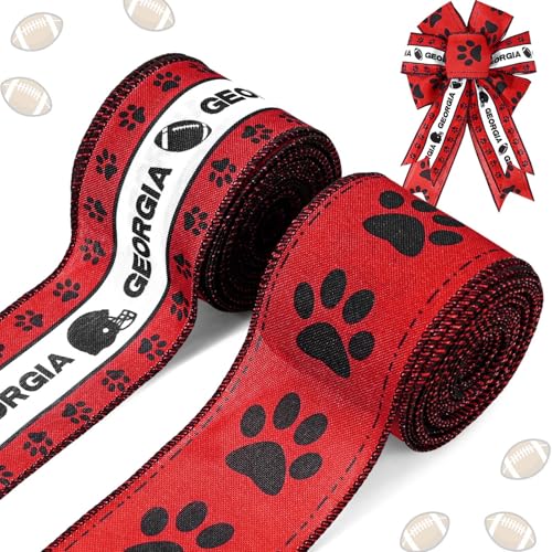 2 Rollen Georgia Drahtband Rot Weiß Schwarz Fußbälle Helme Pfotenabdruck Juteband für Fußball Party Dekoration Kranz Schleife Basteln 6,3 cm x 9,1 m von Bolsome