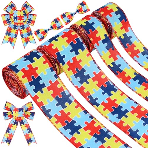 4 Rollen 16 Meter Autismus-Bewusstseinsband mit Draht, buntes Puzzle-Stoffband für Geschenkverpackungen, Schleifen, Kranz, Bastelbedarf, 6,3 cm / 3,8 cm von Bolsome