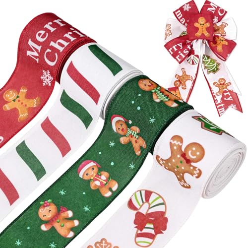 4 Rollen 20 Meter Weihnachtsbänder mit Draht, 6,3 cm Lebkuchenbänder, verdrahtet, Weihnachts-Bänder, Lebkuchen-Geschenkband für Weihnachtsbaum, DIY, Schleifen, Kranz, Dekorationen 4 Rollen 20 Meter Weihnachtsbänder mit Draht, 6,3 cm Lebkuchenbänder, verdrahtet, Weihnachts-Bänder, Lebkuchen-Geschenkband für Weihnachtsbaum, DIY, Schleifen, Kranz, Dekorationen von Bolsome