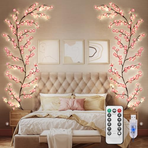 BomKra Kirschblüten Lichterkette Wanddeko - 96 LEDs Lichterkette Willow Vine mit Fernbedienung, 8 Modi, USB-Betriebene Timer, Kirschblütenbaum Wand für Wohnzimmer Deko (Hellrosa Kirschblüten 96led) von BomKra
