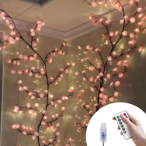 BomKra Kirschblüten Willow Vine Wand Deko - 120CM 48 LEDs Lichterkette Wanddeko mit Fernbedienung, 8 Modi, USB-Betriebene Timer, Weidenrebe Baum Lichter für Schlafzimmer Deko Weinachtsdekorationen von BomKra