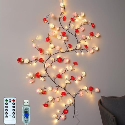 BomKra Rose Willow Vine Wand Deko - 48 LEDs Lichterkette Wanddeko mit Fernbedienung, 8 Modi, Timer, Weidenrebe Baum Lichter für Schlafzimmer Deko Weinachtsdekorationen (Rose 48 LEDs) von BomKra