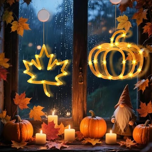 Herbstdeko Fenster LED - Herbst Fensterlichter Innen mit Saugnapf und Haken, Herbst Lichterkette Batterie, Hängende Halloween & Herbst Deko Innen Draußen (E) von BomKra