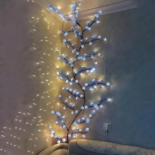 Kirschblüten Willow Vine Wand Deko - 96 LEDs Lichterkette Wanddeko mit Fernbedienung, 8 Modi, Timer, Weidenrebe Baum Lichter für Schlafzimmer Deko Weinachtsdekorationen (Blau Kirschblüten 96 LEDs) von BomKra