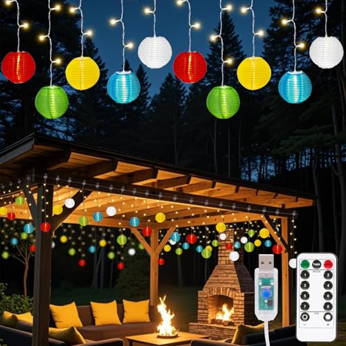 Lampions Lichterkette Außen, 100 LEDs 4M Lampions Außen Wetterfest mit Fernbedienung, 8 Modi, USB-Betriebene Timer, LED Lichterkette für Garten Terrasse Hochzeit Party von BomKra