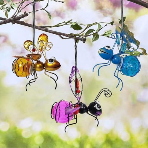 Solar Hängende Biene Deko für Außen, Solar Deko Garten Hängend, LED Metall Bienen mit Frühling & Clip, Solar Lampions Außen Wetterfest, für Garten Terrasse Balkon Bäume (3 PCS) von BomKra