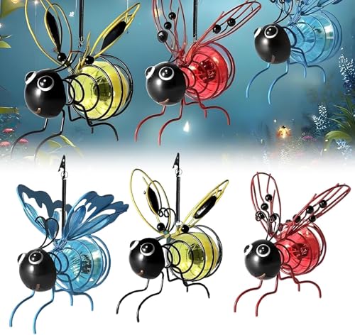 Solar Hängende Biene Deko für Außen, Solar Deko Garten Hängend, LED Metall Bienen mit Frühling & Clip, Solar Lampions Außen Wetterfest, für Garten Terrasse Balkon Bäume (3 PCS - A) von BomKra