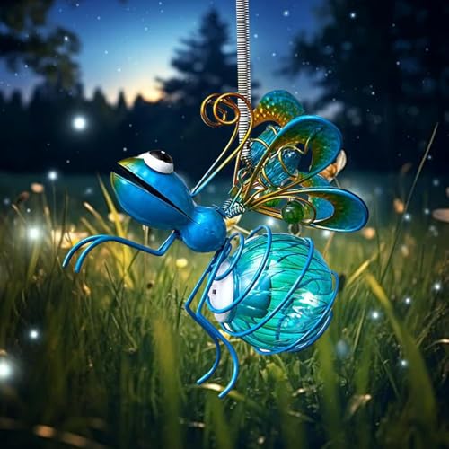 Solar Hängende Biene Deko für Außen, Solar Deko Garten Hängend, LED Metall Bienen mit Frühling & Clip, Solar Lampions Außen Wetterfest, für Garten Terrasse Balkon Bäume (Blau) von BomKra