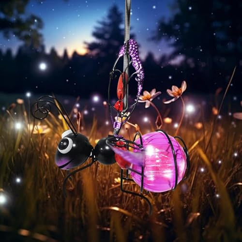 Solar Hängende Biene Deko für Außen, Solar Deko Garten Hängend, LED Metall Bienen mit Frühling & Clip, Solar Lampions Außen Wetterfest, für Garten Terrasse Balkon Bäume (Lila) von BomKra