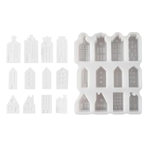 Bomefoi Hausförmige Silikonform,Häuser Gießform - 12-fach Silikon Handwerk Form für Zuhause Dekoration Gips Ornament Kerzenherstellung Epoxidharz Guss von Bomefoi