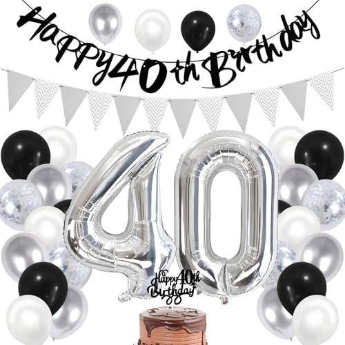 40. Geburtstag Dekorationen für Frauen Männer, Happy 40th Birthday Banner Schwarz Silber Geburtstag Luftballons Kuchen Topper Zahl 40 Folienballon für 40. Geburtstag Party Dekoration (Schwarz Silber - 40. Geburtstag Dekorationen für Frauen Männer, Happy 40th Birthday Banner Schwarz Silber Geburtstag Luftballons Kuchen Topper Zahl 40 Folienballon für 40. Geburtstag Party Dekoration (Schwarz Silber - von Bomiclss