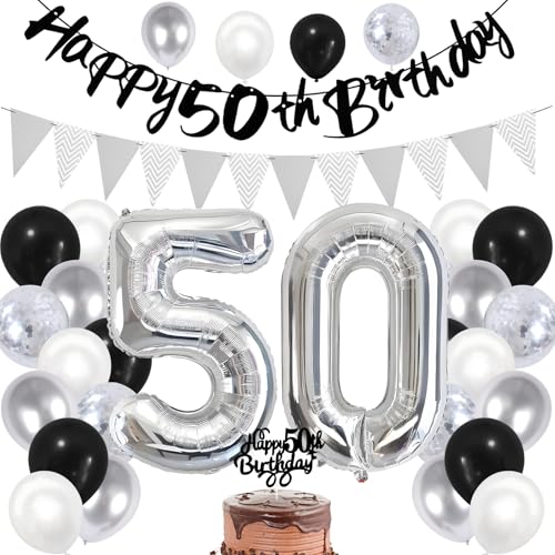 50. Geburtstag Dekorationen für Frauen Männer, Happy 50th Birthday Banner Schwarz Silber Geburtstag Luftballons Kuchen Topper Zahl 50 Folienballon für 50. Geburtstag Party Dekoration (Schwarz Silber - 50. Geburtstag Dekorationen für Frauen Männer, Happy 50th Birthday Banner Schwarz Silber Geburtstag Luftballons Kuchen Topper Zahl 50 Folienballon für 50. Geburtstag Party Dekoration (Schwarz Silber - von Bomiclss