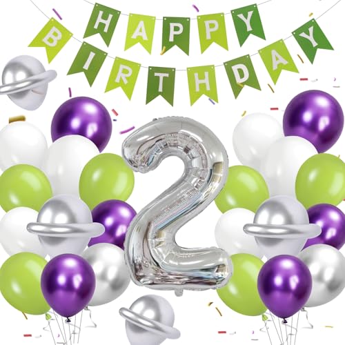 Luftballons 2 Geburtstag Junge Grün Lila 2 Geburtstag Luftballons mit Happy Birthday Banner Latexballon Folienballon und Band, Geburtstagsdeko (Zahl 2) von Bomiclss